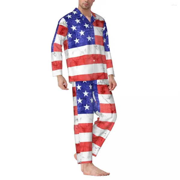 Inicio Ropa Ropa de dormir vintage con bandera de EE. UU. Conjunto de pijama informal holgado de gran tamaño con estampado de estrellas azules americanas de primavera ropa de dormir de noche de manga larga para hombre