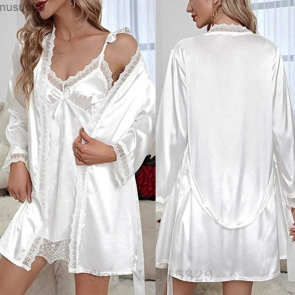 Ropa en el hogar Vestido de novia de novia blanca Vestido de encaje sexy y Kimono Baño Pajamas Summer Nuevo Pajamas 2 PCS Casual Wearl2403