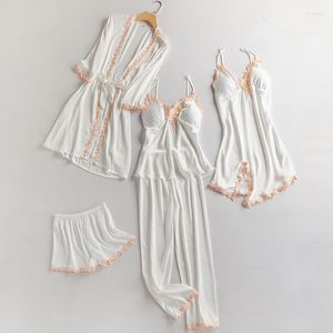 Accueil Vêtements Blanc Pyjamas Ensemble Sexy Dentelle Vêtements De Nuit Satin Femmes Kimono Peignoir Robe Salon Porter Doux Pyjamas De Nuit 2022 Homewear