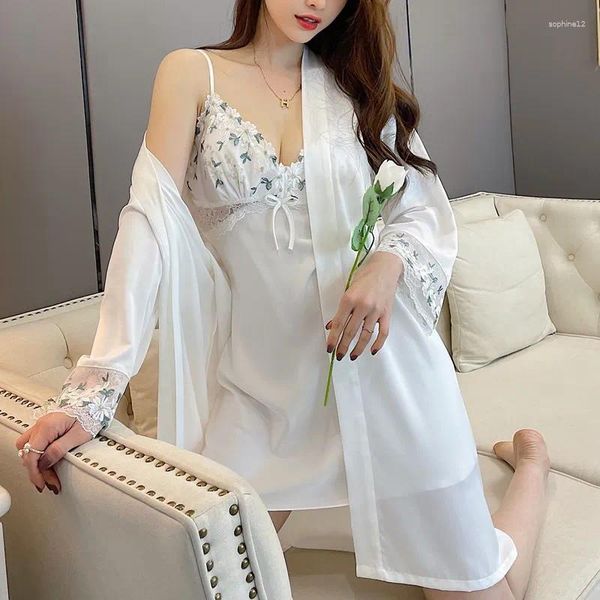 Vêtements maison Robe blanche Set Femmes Kimono Robe Summer 2pcs Sleepwear Lace Lace Nightyrobe Femme Sleep Sleep Suit