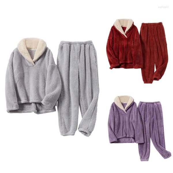 Ropa para el hogar Winter Wommed Women Pajamas Set Fuzzy Lapel Colover Top y pantalones