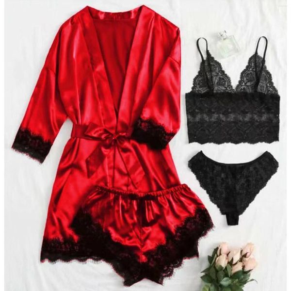 Accueil Vêtements Femme Sleepwear 4pcs Floral Lace Trim Satin Pajamas Ensemble avec robe Sexy Faux Silk Pijamas ensembles de vêtements de nuit décontractés