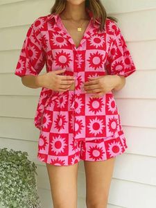Accueil Vêtements Femmes 2 Pièces Blouse Florale Ensemble Chemise Hawaïenne Et Short À Taille Élastique Tenue De Plage D'été