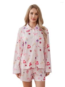 Vêtements à la maison Femmes 2 pièces Pyjamas floraux Set Y2K Bouton à manches longues Côté Côté Sports Shorts Slembres