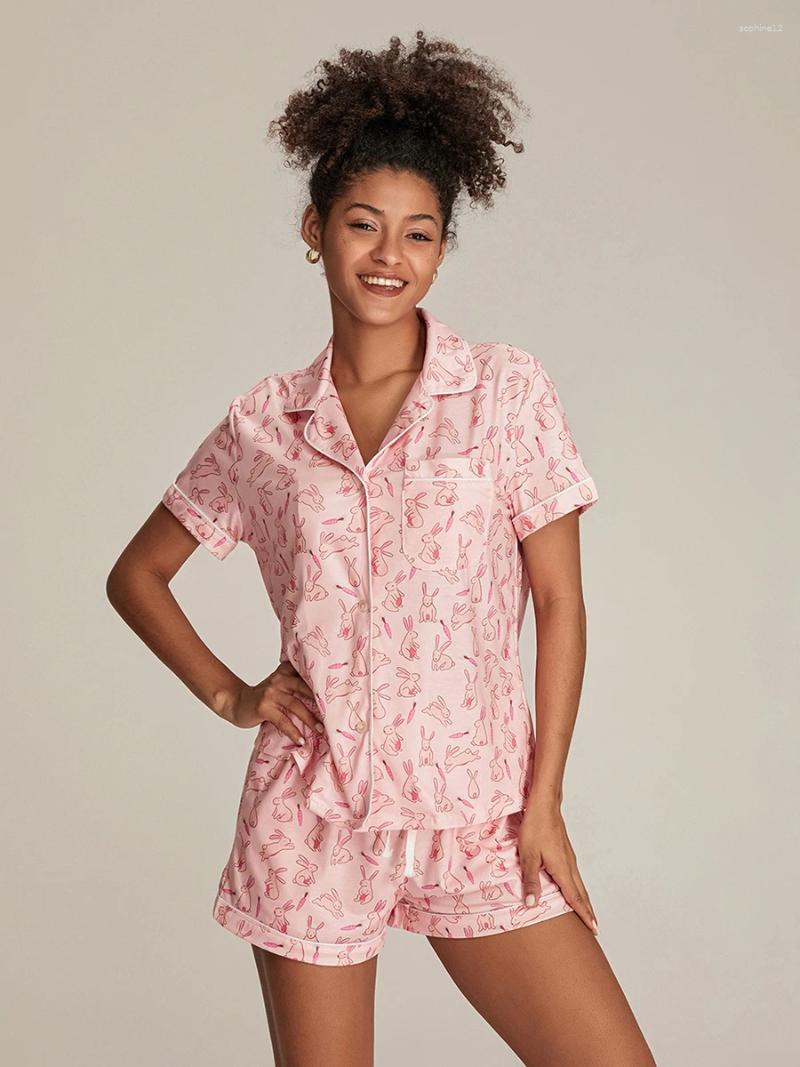 Casa roupas femininas 2 peças conjunto de pijama botão de impressão camiseta e shorts elásticos para loungewear macio pijamas
