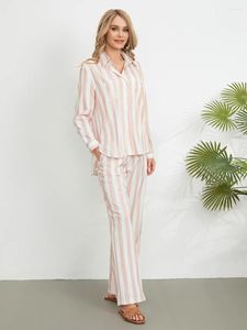 Ensemble pyjama 2 pièces rayé pour femmes, vêtements de maison, chemise boutonnée à manches longues, taille élastique, pantalon ample, tenues de détente