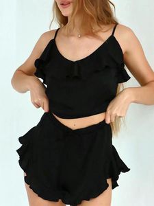 Accueil Vêtements Femmes 2 pièces Pyjamas Short de Sommeil Col en V à Volants Camisole en Soie vêtements de Nuit élastiques vêtements de Nuit vêtements de Maison Femme