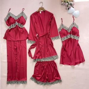 Accueil Vêtements Femmes 5PCS Pyjama Costume Satin Dentelle Patchwork Vêtements De Nuit SEXY Kimono Peignoir Robe Lingerie Intime Printemps Automne Vêtements De Nuit