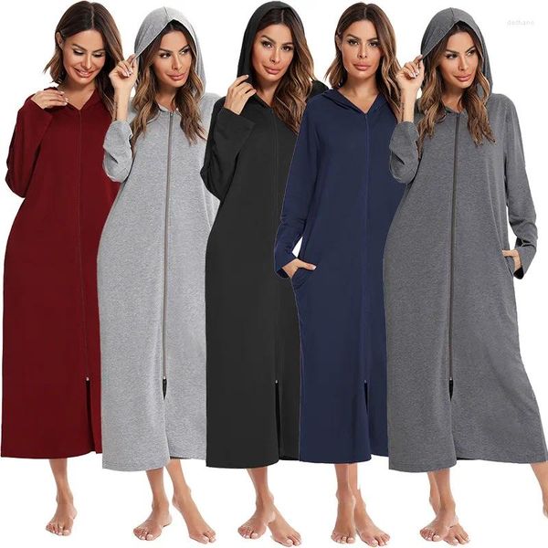 Accueil Vêtements Femmes Style américain Automne Hiver Robe de chambre décontractée Cardigan Mature Femme Tricoté Coton Robes Longue Fermeture Éclair Peignoirs