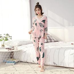 Ropa casera mujeres otoñales en v estampado 2-PCS Pajama Sets Floral Slee Long Sleep Wear informal