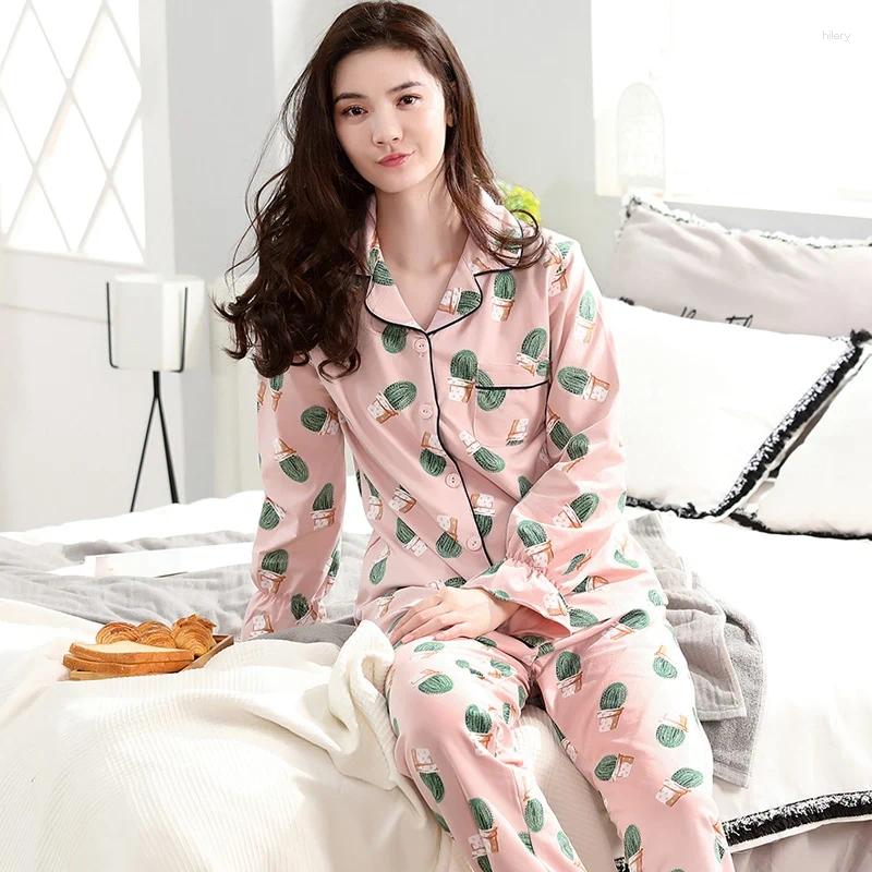 Home Clothing Women Clothes Autumn Sexy Pajamas Set Cotton Sleepwear Print Ladies Nightwear Tops Long Pants Nighties Girl Lingerie