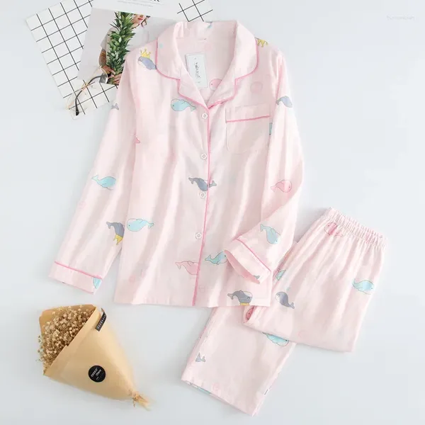 Home Vêtements Femmes Coton Bouton imprimé mignon Sleep Sleep Full Sleeve Pant 2PCS PAJAMAS PLAMAS avec des vêtements de salon décontractés de poche