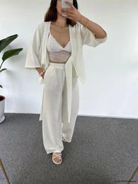 Maison de vêtements pour femmes coton lin 2 pièces pyjamas ensemble à manches longues cardigan tops pantalon de jambe large élastique