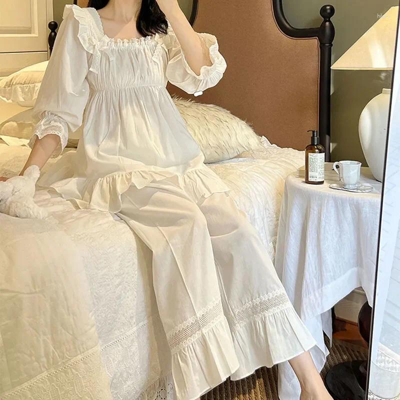 Home Clothing Women Cotton Two-Pieces Pajama Sets Princess Vintage Sqaure Collar Long Pyjamas Spring Full Sleeves Sleepwear Loungewear