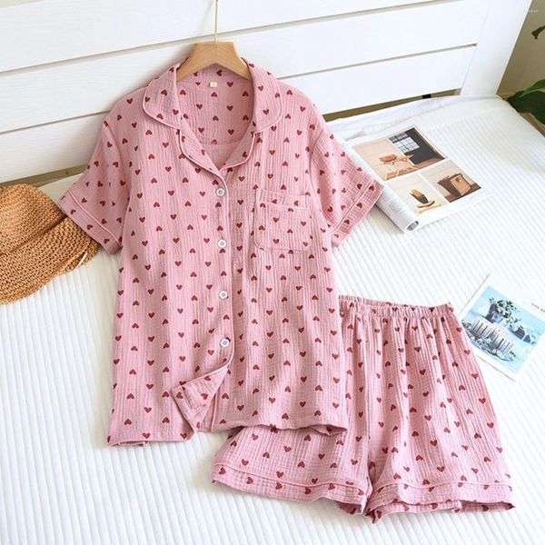 Accueil Vêtements Femmes Crepe Summer Mineux Douppe doux Revers à manches courtes Shorts à manches aimantes Pyjamas Print Flower Suit