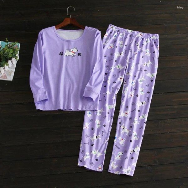 Accueil Vêtements Femmes mignons pour chien imprimement pyjamas Set Coton Coton Sleeve Pyjamas Pantalons Madames Purple Wear O Cou