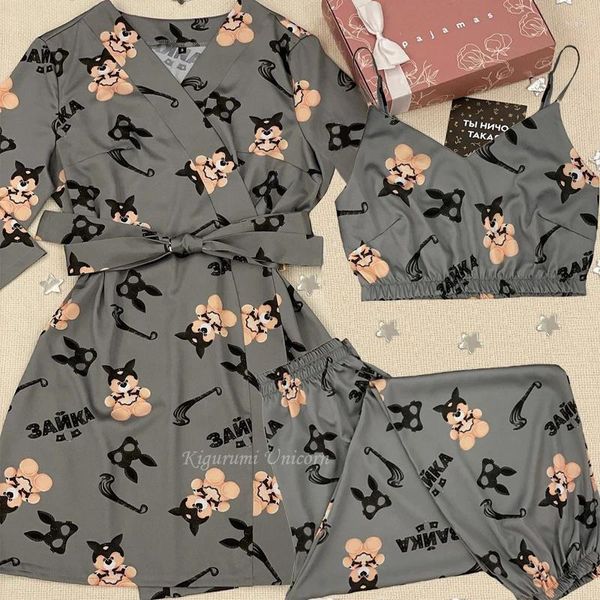 Accueil Vêtements Femmes Vraierie Pyjamas Bra Robe Set Animal Print Satin Shek Sleepwear Fashion Fabe