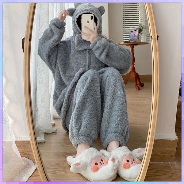 Inicio Ropa Pijama de cuerpo entero para mujer, pijamas bonitos y cálidos con capucha, camisón de invierno, ropa de dormir de franela Kawaii para mujer, batas de dormir más gruesas
