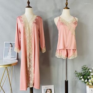 Inicio Ropa Mujer Vestido tipo kimono 3 piezas Ropa de dormir Camisón de satén Albornoz Conjunto de pijamas de encaje Lencería íntima informal Pijamas sexy Ropa de estar en casa