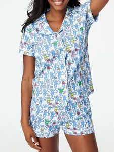Home Vêtements Femmes Pyjama Set 2 pièces Carton de singe Imprimé à manches courtes Clôture de bouton à manches T-shirts Short Sleepwear Matching Tenues