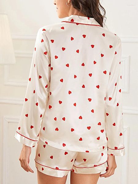 Inicio Ropa Conjunto de pijama para mujer Camisa con cierre de botones de manga larga con estampado de corazones y pantalones cortos Ropa de dormir Ropa de estar por casa