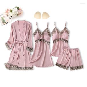 Accueil Vêtements Femmes Pyjamas Ensemble Satin 4 PCS Vêtements De Nuit Sexy Chemise De Nuit Évider Intime Lingerie Printemps Dentelle Patchwork Kimono Robe