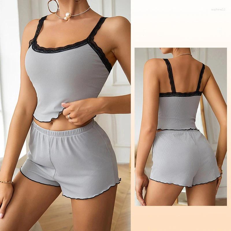 Home Clothing Women Pajamas Set Sexy V-neck Solid Sleeveless Top Shorts And Sleepwear Suit