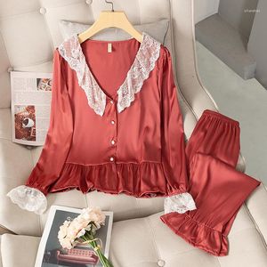 Vêtements à la maison Femmes Pyjamas SetWear Satin Satin Two Piece Suisse en dentelle Ruffle Pyjamas Lingerie Long Man Man Girthpants Lounge Wear pantalon