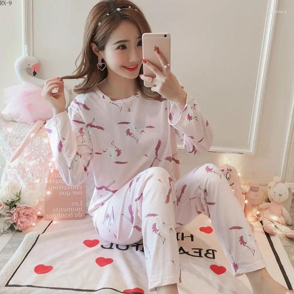 Ropa para el hogar Mujeres Pajamas Sets 2024 Otoño Invierno Manija larga Cartoon estampado Lindo Sleepwear Girl Pijamas Mujer Leisure Nightgowns