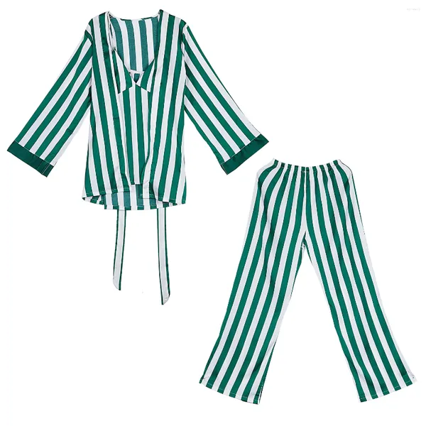 Home Vêtements Femmes Pyjamas Sets 3 pièces Fashion Sexy Ice Silk Stripe Pyjama Set Long Taie Belt Woman