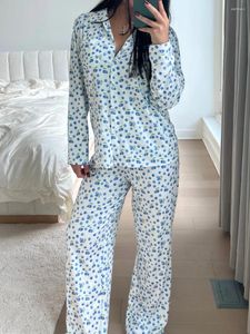 Thuis Kleding Dames 2-delige pyjamaset Lange mouw Revers Button Up Shirt Bloemen/Hartprint Broek Sets Zachte Kawaii Harajuku Nachtkleding