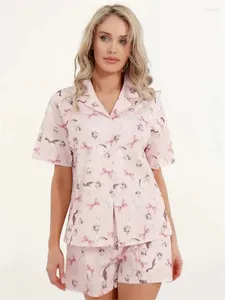 Accueil Vêtements Ensembles de pyjama imprimés à nœud pour femmes Revers à manches courtes Chemises boutonnées Hauts Shorts Ensemble 2 pièces Vêtements de détente Vêtements de nuit d'été