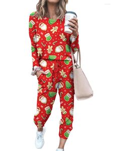 Thuiskleding dames gezellige kerstdruk 2-delige jogger pyjama set cartoon lange mouwen tops drawstring broek 2-delige loungewear