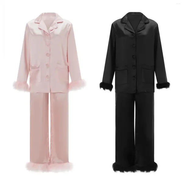 Accueil Vêtements Ensemble de vêtements de détente en satin élégant pour femmes, couleur unie, manchette en plumes, chemises à revers à manches longues avec pantalon pour tenues de vêtements de nuit