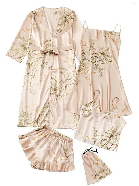 Accueil Vêtements Long Bathrobe pour femmes Set 4pcs Sexe Sleepwear Satin Cami Floral avec short Robe de cou de coude PJS Robe en soie