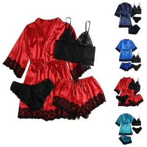 Home Clothing dames lange pyjama set zijde satijnen nacht lingerie tops en shorts nachtkleding zomer kanten sexy meisjes pyjama pakken pakken