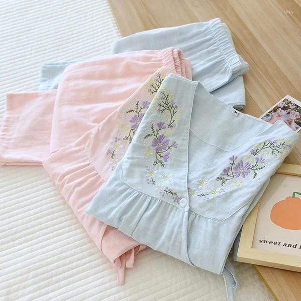 Accueil Vêtements Pyjamas pour femmes Gauze Coton Loungewear printemps été en V-col