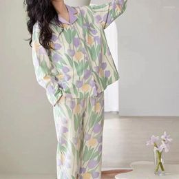 Vêtements à domicile Pyjama pour femmes Set Printemps et automne Elegant Tulip Imprime à manches longues à manches