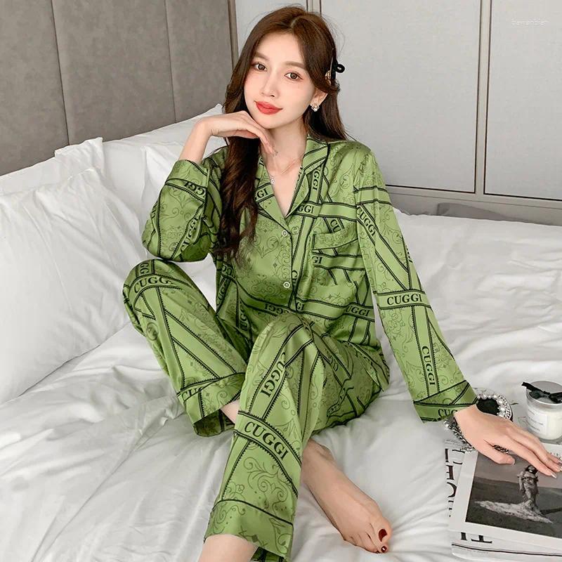 Casa roupas femininas pijamas conjunto com decote em v mangas compridas carta impressão de luxo pijamas de seda como roupas tamanho grande pijamas loungewear