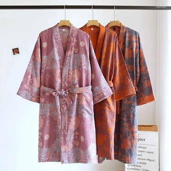 Peignoir ample en coton imprimé pour femmes, vêtements de maison, Kimono de Style japonais avec ceinture, pyjama à vapeur pour femmes