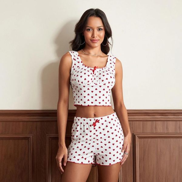 Home Vêtements Femme Short Loungewear Set Heart Print Mini Bow Cami Tops avec taille élastique Summer 2 pièces