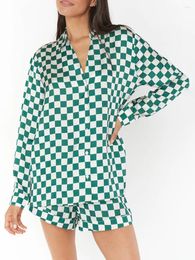 Home Clothing dames zomers loungewear pyjama set chickerboard print lange mouw v-hals shirt met elastische taille shorts 2 stuks slaapkleding