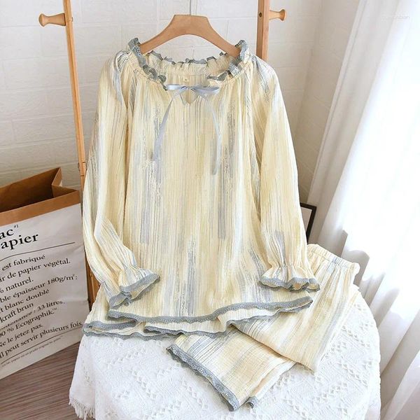 Vêtements à la maison Tie pour femmes Dye Imprime-pyjama ensemble Lace Lace à manches longues pour femmes de printemps
