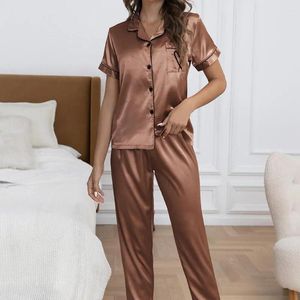 Accueil Vêtements Femmes Pyjama Satin Set Summer Femme avec une broderie de cœur Silky Taie élastique Pantalon de jambe large 2 pièces
