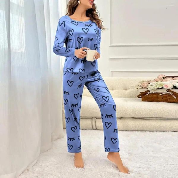 Accueil Vêtements Femmes Sleeping Sleeping Heart Imprimé pyjamas de printemps pour femmes Ensemble avec un pantalon de taille élastique à manches longues