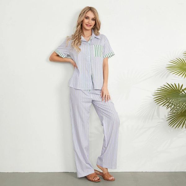 Vêtements à la maison Femmes à rayures 2pieces Pajamas Set Summer Summer Sleeve Neck Neck Button Closer Shirt With Loose Pantal