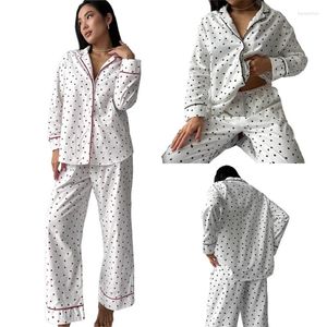 Vêtements à la maison Femme du coeur pour femmes pyjamas à manches longues Butte de revers à manches longues et pantalon 2pcs Loungewear