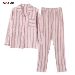 Thuiskleding XCAMP Katoen slaapkleding paar pyjama's gestreepte v-hals cartoon bedrukte winterondergoedsets