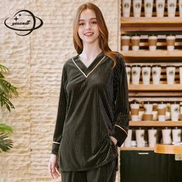 Ropa en el hogar Yauamdb Mujeres Pajama Sets Primavera Autumn M-XL Sleepwear Femenino Sólido Varador en V 2pcs Fashion Ladies Ly68