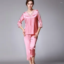 Vêtements à domicile yt- 034 printemps automne imitation de soie femmes pyjamas pantalon à manches longues douces